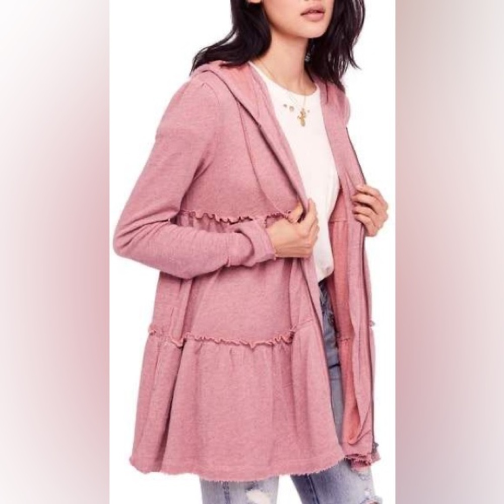 Free People Tiered Trapeze Zip Up Hoodie Dusty Rose XS